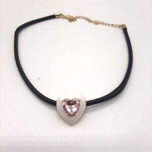 Urban Outfitters Blair Pink Rhinestone Heart Black Corded Necklace